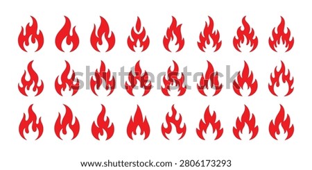 Variety of red fire flame shapes, blazing heat patterns, campfire symbols for stylized artistic design.