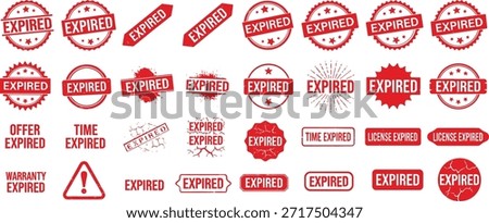 A variety of red rubber stamps and warning symbols indicating expiration, cancellation, or alerts, presented in a grid layout.