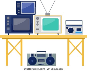 Variety of retro electronics on table. Vintage TVs, radios, and boombox collection. Nostalgia and technology evolution concept vector illustration.