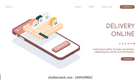 A variety of rolls with chopsticks on a wooden board overhanging over smartphones. Order food delivery online through the application on your smartphone. Vector isometric isolated illustration.