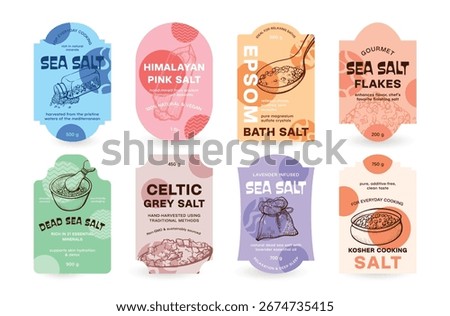 Variety of salt labels showcasing different types and uses including sea salt, Himalayan pink salt, and bath salts