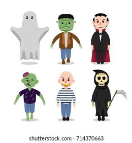 Variety of scary halloween characters, zombie, dracula, frankenstein, ghost