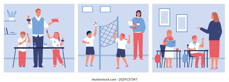 A variety of school activities for students of different ages flat vector illustration