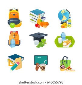 Variety of school lunches and breakfasts, next to backpacks, books, school stationery. Modern vector illustration isolated on white background.