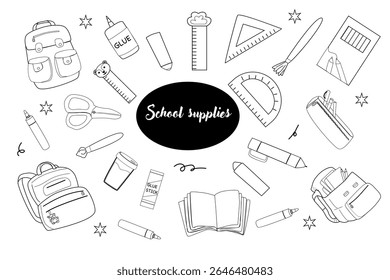 Variety of school supplies for back to school design.