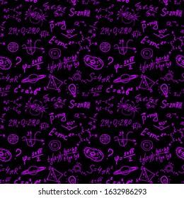 Variety of scienctific symbols, formulas and equations of math, chemistry, biology, physics, geometry on black background. Seamless vector pattern