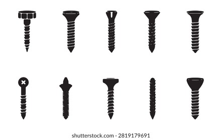 Variety of screw head types and thread patterns for furniture assembly construction fixing and building projects.
