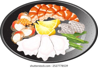 A variety of seafood elegantly arranged on a plate