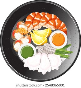 A variety of seafood with lemon and sauces