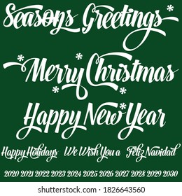 Variety of seasonal Christmas messages in decorative script text words, vector illustration