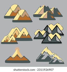 Una variedad de dibujos a mano, línea simple de montaña con estilo mínimo
