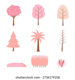 Variedad de forma de árbol rosa conjunto aislado en fondo blanco, concepto retro lindo en color pastel,vector
