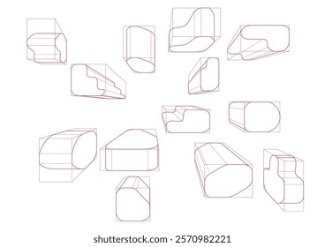 A variety of shapes in a 1-point perspective with displaying the single rounding principle