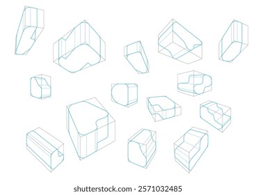 A variety of shapes in a 2-point perspective with displaying the single rounding principle and a different vanishing point