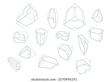 A variety of shapes in a 3-point perspective with displaying the single rounding principle