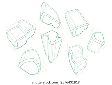 A variety of shapes in a 3-point perspective with displaying the multiple rounding principle