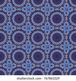 A variety of shapes and floral elements. Seamless pattern abstract mandalas in blue, brown and gray colors. Vector design. For desktop, Wallpaper for, trance, meditation, serene paints combinations.