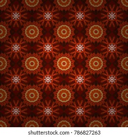 A variety of shapes and floral elements. Seamless pattern abstract mandalas in brown, orange and red colors. Vector design. For desktop, Wallpaper for, trance, meditation, serene paints combinations.