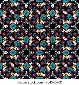 A variety of shapes and floral elements. Vector design. For desktop, Wallpaper for, trance, meditation, serene paints combinations. Seamless pattern abstract mandalas in blue, black and purple colors.