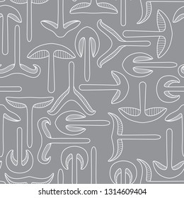 Variety of Shapes of Mushrooms. Sliced Mushroom Line Seamless Pattern on Grey