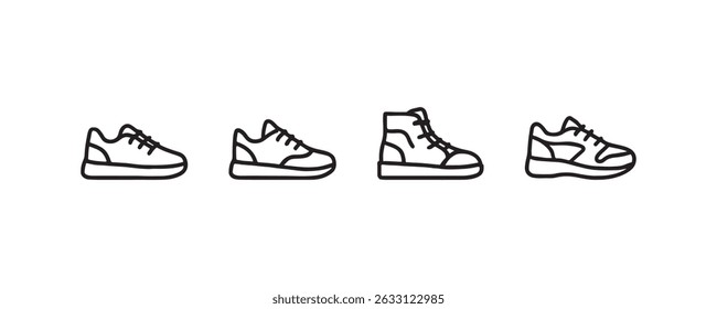 Variedade de silhuetas de sapato: tênis e botas em estilo de arte de linha.