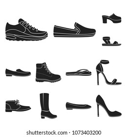 A variety of shoes black icons in set collection for design. Boot, sneakers vector symbol stock web illustration.