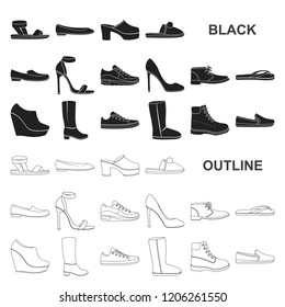 A variety of shoes black icons in set collection for design. Boot, sneakers vector symbol stock web illustration.