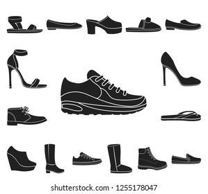 A variety of shoes black icons in set collection for design. Boot, sneakers vector symbol stock web illustration.