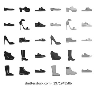 A variety of shoes black.mono icons in set collection for design. Boot, sneakers vector symbol stock web illustration.