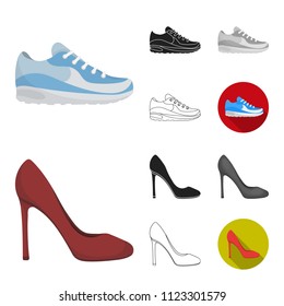 A variety of shoes cartoon,black,flat,monochrome,outline icons in set collection for design. Boot, sneakers vector symbol stock web illustration.