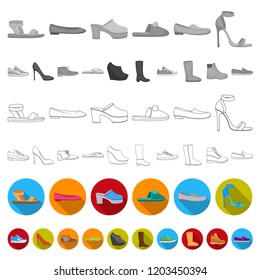 A variety of shoes flat icons in set collection for design. Boot, sneakers vector symbol stock web illustration.