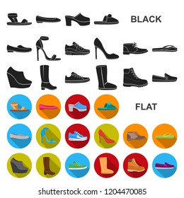 A variety of shoes flat icons in set collection for design. Boot, sneakers vector symbol stock web illustration.