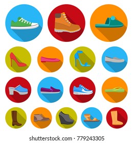 A variety of shoes flat icons in set collection for design. Boot, sneakers vector symbol stock web illustration.