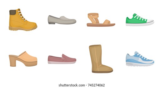 A variety of shoes icons in set collection for design. Boot, sneakers vector symbol stock web illustration.