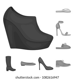 A variety of shoes monochrome icons in set collection for design. Boot, sneakers vector symbol stock web illustration.