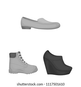 A variety of shoes monochrome icons in set collection for design. Boot, sneakers vector symbol stock web illustration.