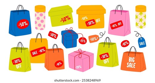 Variedade de sacolas de compras, caixas e pacotes com desconto de venda especial marketing oferecem etiquetas distintivos conjunto isolado. Compensação de preço de varejo promoção anúncio elementos design vetor ilustração