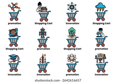 A variety of shopping carts, each with a different concept or idea. Some of the carts include a robot, a tree, a doctor, and a book. Scene is one of innovation and creativity