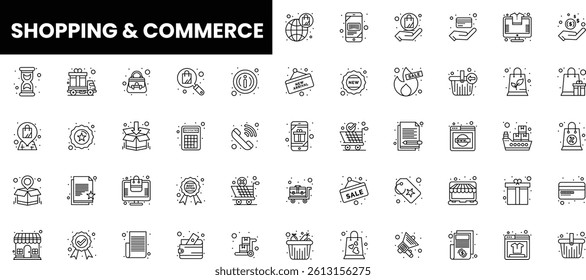 Variety of shopping and commerce line icons representing business and consumer themes.