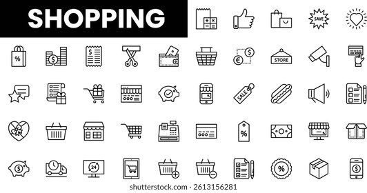 Variety of shopping icons in a minimalist black and white style.