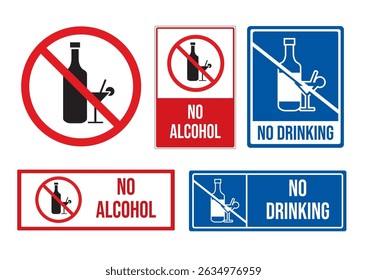 Variety of signs prohibiting alcohol consumption, including "No Alcohol" and "No Drinking," emphasizing safety and health awareness.