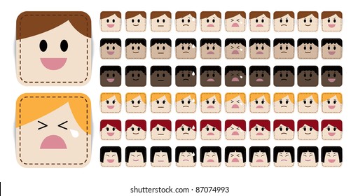 Variety of simple and cute cartoon face in different expressions and races