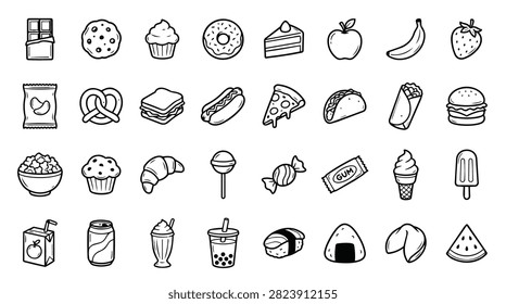 A variety of simple hand-drawn icons representing different food and drink items.