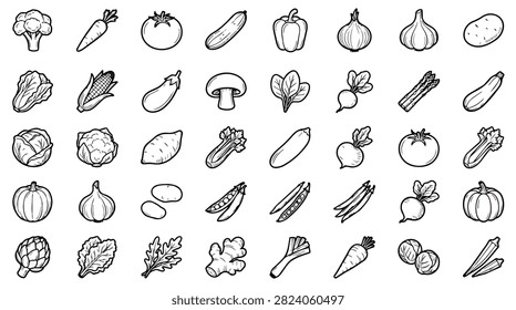 A variety of simple line art drawings representing different fresh vegetables and produce items.