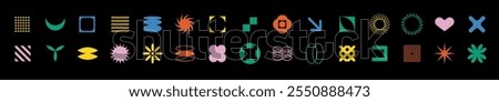 A variety of simple, round shapes with brutalist and minimalistic elements, including stars, circles, and square forms for abstract design in colorful style.