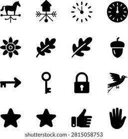 Variety of simple silhouette icons featuring nature elements animals and common symbols on clear background