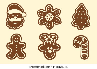 Variety of six Gingerbread Christmas Cookies. Vector of Santa, Star, Christmas Tree, Gingerbread man, Reindeer, Candy Cane. Vector illustration. Baking Christmas vector.