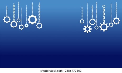  Variety Size Cogwheels on Chains in a Rows at Top Part of Image. White Gears Hanging on a Chains in Blue Shades Background