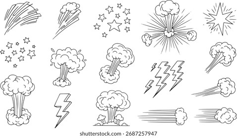 Variedade de explosão esboçada, raios e efeitos de estrela para desenhos.
