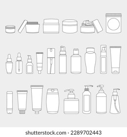 Variety of skincare packaging plastic bottles flat icon illustration set pack - makeup, serum, cream, lotion, shampoo, conditioner, scrub, body wash, facial, soap, sunscreen, etc. - Shutterstock ID 2289702443